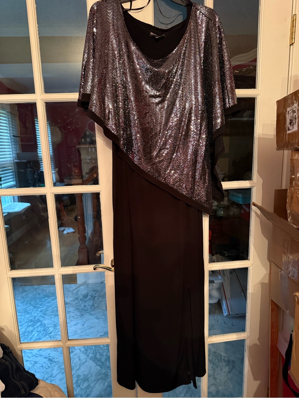 Elegant Black Evening Dress with Silver Sequin Overlay